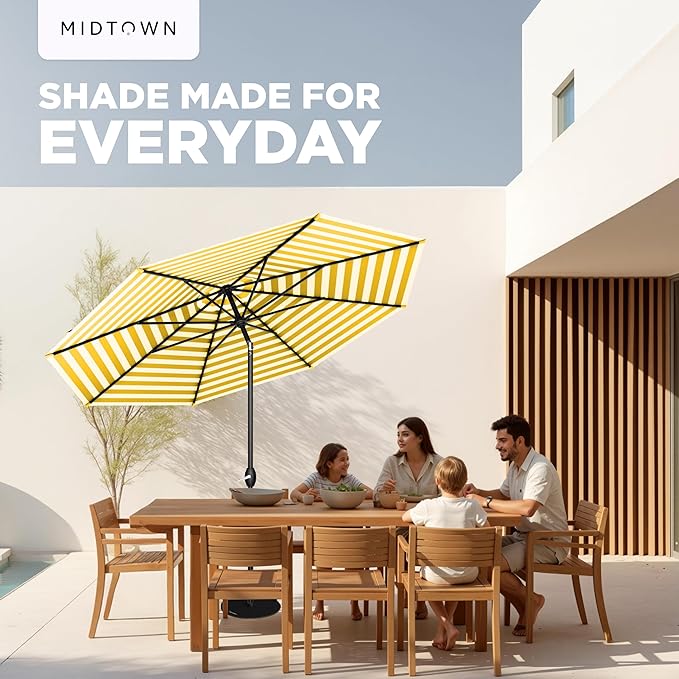 Midtown Umbrellas - 10-Year-No-Fade 10 Ft Patio Umbrella with Terylast Fabric Auto-Tilt Aluminum Frame and 8 Reinforced Ribs for Deck Pool Garden &amp Beach - White/Yellow Stripes Canopy Black Po