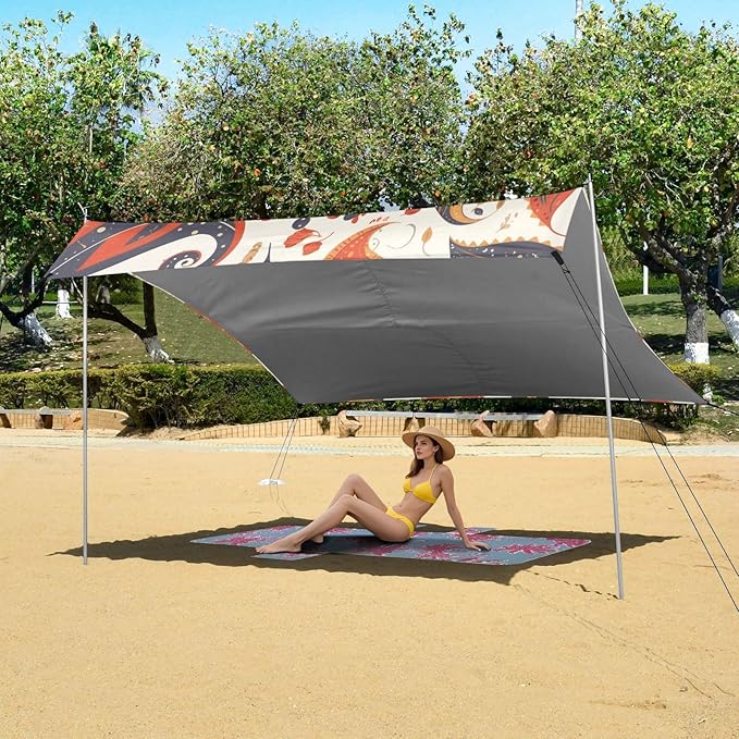 Colorful Paisley Pattern Beach Cabana Tent UPF50+ Protection Easy Setup Sun Shelter with Sandbags &amp Sand Shovel for Family Trips Picnics &amp Camping