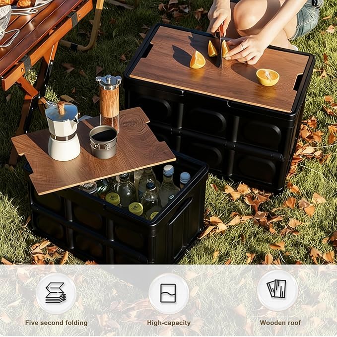 CTESNE【3-in-1 Wooden Lid 32L Storage Bins with Lids and HandlePortable Foldable Storage Box Plastic Stackable Storage Bins for Camp Car RV Office (Black)