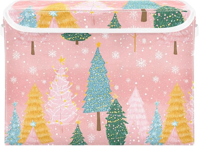 Pink Christmas Trees Storage Box with Lid 1 PC Foldable Storage Bin with Lids Stackable Storage Bins Cube Closet Organizer Basket with Flip-Top Lid &amp Handles for Shoes Books Towels