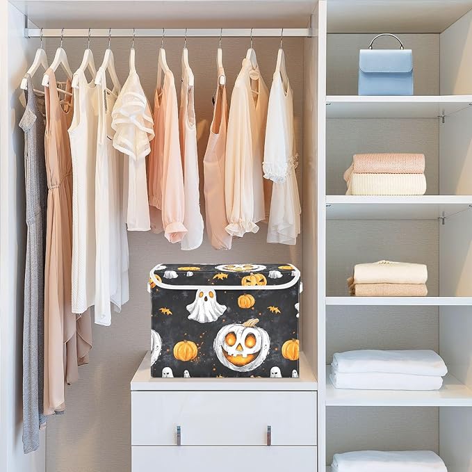 AIXIWAWA Lidded Storage Cube (Pumpkin Halloween Pattern) Fabric Foldable Closet Bins with Flip Lid and Handles Organizer Basket Container 16.5 x 12.6 x 11.8 IN
