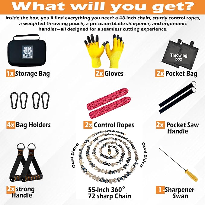 55 Inch High Limb Rope Saw with Dual Sided 70 Teeth 360° Chain – Manual Hand Saw for Tree Branch Cutting – Fast Portable &amp Durable Outdoor Tree Trimming Tool Kit