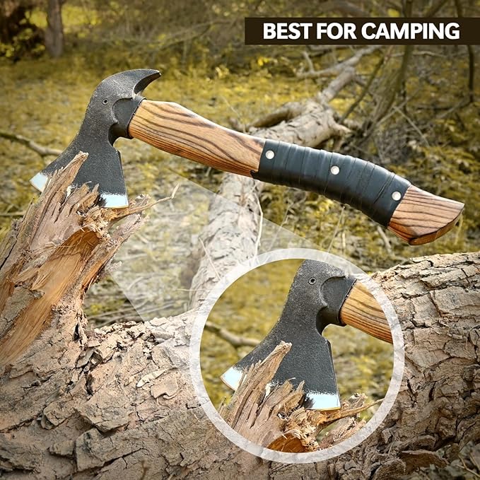 14” Hatchet Axe Camping Hatchet Hand Forged Axe with Sheath for Wood Chopping Splitting &amp Carving Bushcraft Axe with Ash Wood Handle for Outdoor &amp Survival