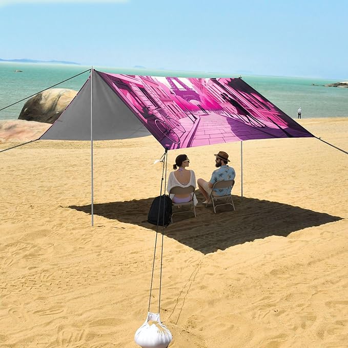 Eiffel Tower Beach Canopy Sun Shelter with Sandbags &amp Sand Shovel &amp Windproof Ropes - Portable 110x126 Beach Shade Beach Tent for Camping Picnics