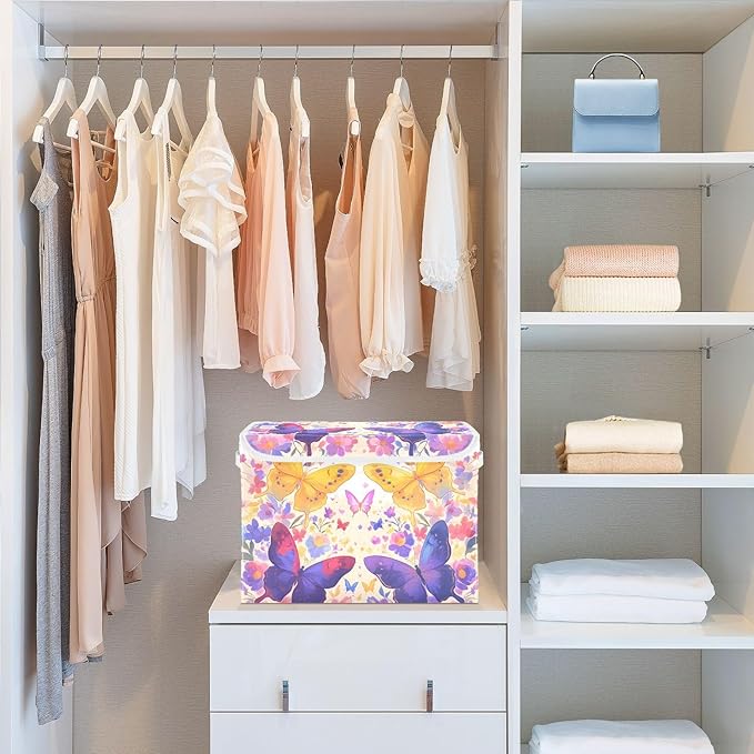 Bright Butterfly Lidded Storage Bins with Handles - 16.5x12.6x11.8 Foldable Organizing Box Oxford Fabric &amp Honeycomb Board Dust-Proof Flip Lid for Closet/Office