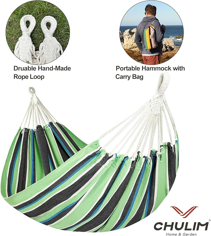 CHULIM Brazilian Double Hammock with Tree StrapsExtra Large 94x63IN2 Persons Hammock for Backyard Patio Outdoor and Indoor450lbs Weight CapacitySoft Woven Cotton Fabric - Black Stripe