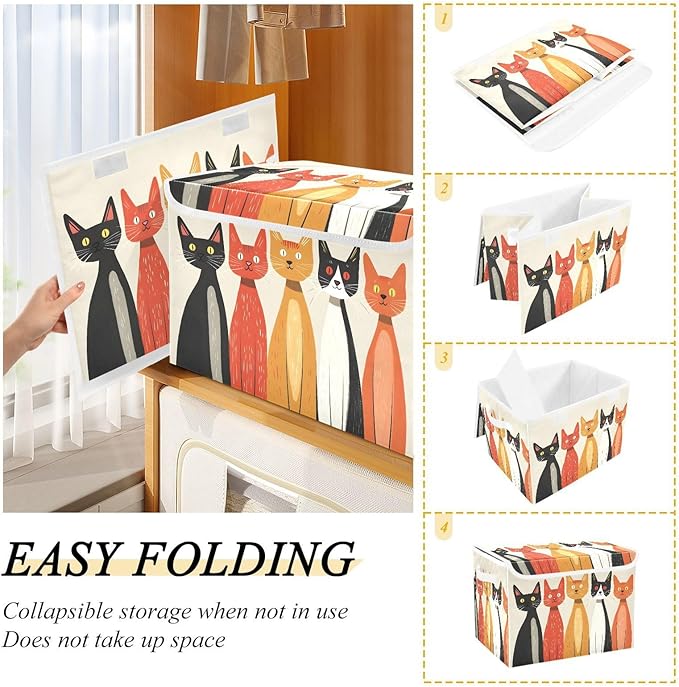 Abstract Cartoon Cat Storage Cube Bins Basket with Lid Collapsible Flip-top Fabric with Handle for Home Bedroom Closet Office 16.5×12.6×11.8 in