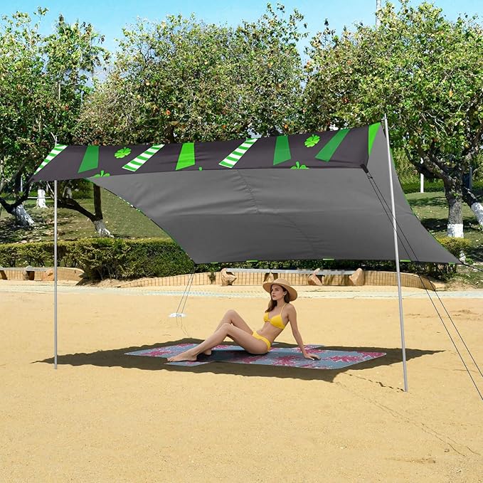 Beach Canopy with Windproof Ropes &amp Sandbags Beach Tent Sun Shade Sun Shelter for Camping Trips Fishing Backyard Fun or Picnics St. Patrick's Day
