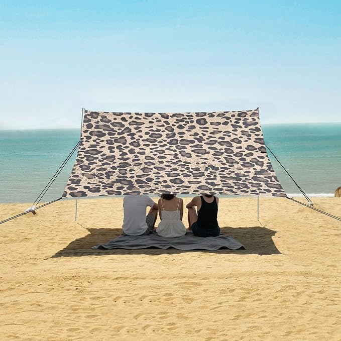 Leopard Print Pattern Stable Beach Tent UPF50+ Easy Setup Portable Sun Shelter with Sandbags and Shovel for Camping Trips Fishing Backyard Fun or Picnics
