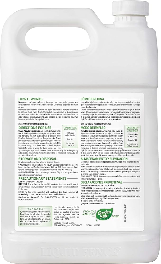Liquid Fence Deer and Rabbit Repellent Granular 5 Pounds Pack of 4 and Concentrate Repels Deer and Rabbits 1 Gallon