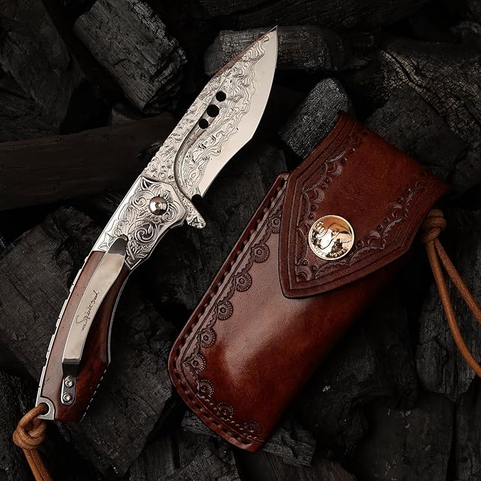 Handmade Japanese Damascus Steel Pocket Folding Knife with Leather Cover and Pocket Clip 2.87-inch Outdoor Camping Fishing Portable Pocket Knife