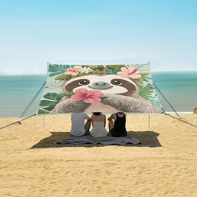 ALAZA Cute Sloth Tropical Plants Beach Tent Sun Shelter Portable Canopy Sunshade for Outdoor Camping Picnics Backyard Fun 10x9 ft