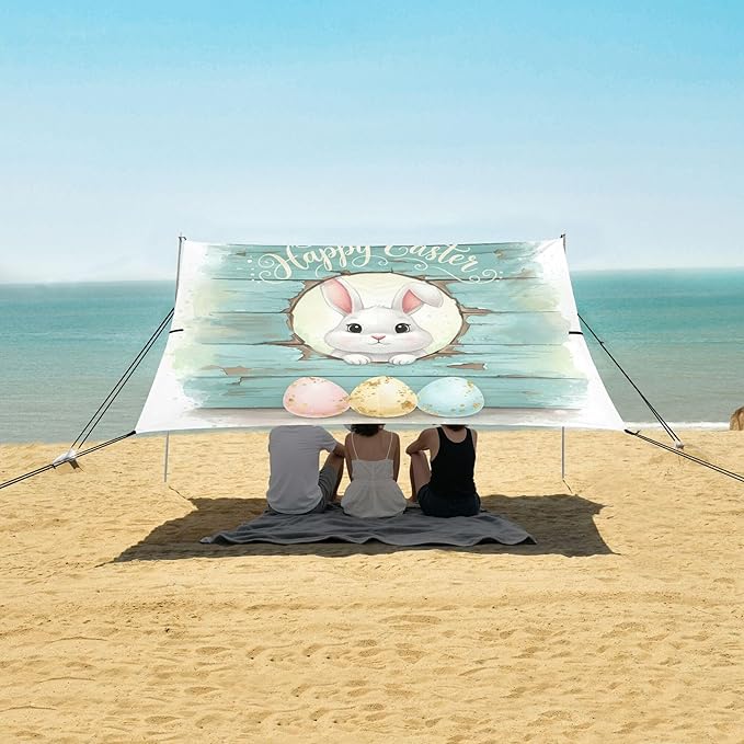 Happy Easter Beach Canopy Sun Shelter with Sandbags &amp Sand Shovel &amp Windproof Ropes - Portable 110x126 Beach Shade Beach Tent for Camping Picnics