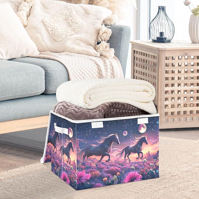 Storage Cube with Lid Surreal Horses Print 16.5×12.6×11.8 IN Collapsible Large Capacity Foldable Storage Basket Bin Organizer