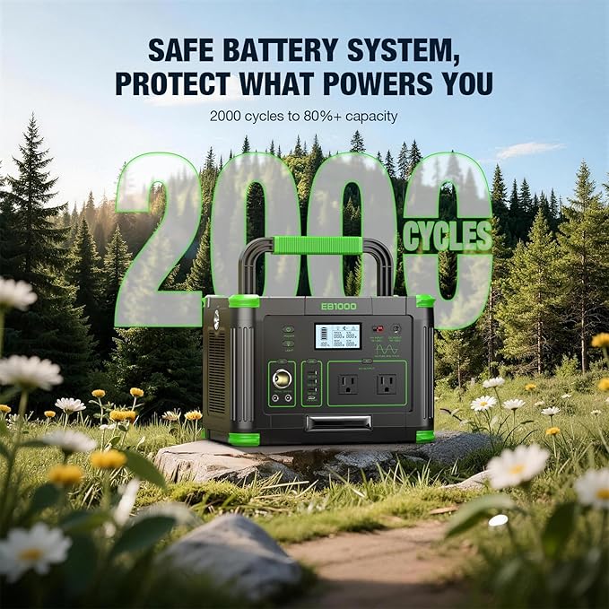 Solar Generator 1000W（2000W Peak）Portable Power Station 110V Pure Sine Wave AC Outlets 60W USB-C PD Fast Charging 10 Ports for RV TripCampingHome Emergency