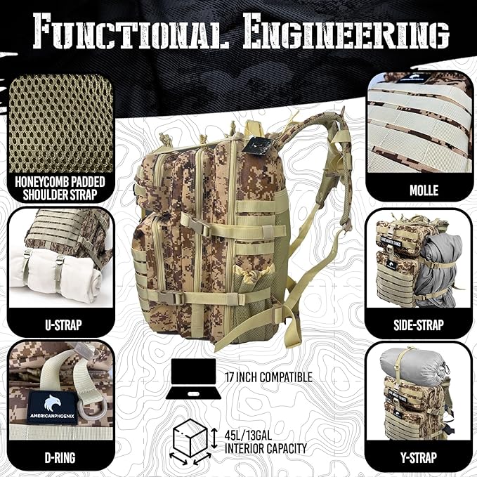 AMERICANPHOENIX 45L Elite Tactical Backpack | 3X Stronger Work &amp Military Backpack | Water Resistant and Heavy Duty | 3 Day MOLLE Bug Out Bag (Sand Storm)