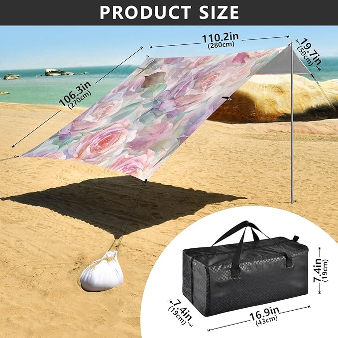 ALAZA Watercolor Pink Rose Flowers Beach Tent Sun Shelter UPF50+ Protection Beach Shade Canopy w/ 4 Sandbags for Outdoor Camping Fishing Backyard Fun Picnic 10x9 ft