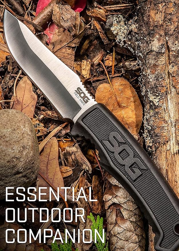 SOG Survival Knife with Sheath - Field Knife Fixed Blade Knives 4 Inch Tactical Knife and Bushcraft Knife w/Full Tang Hunting Knife Blade (FK1001-CP)