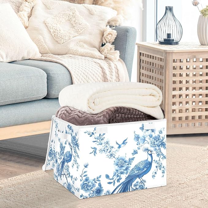 Collapsible Storage Bins with Lids Decorative Fabric Storage Cubes Closet Organizer and Storage Basket Boxes Containers for Clothes Box Chest Nursery Folding Rectangle Chinoiserie Peacock