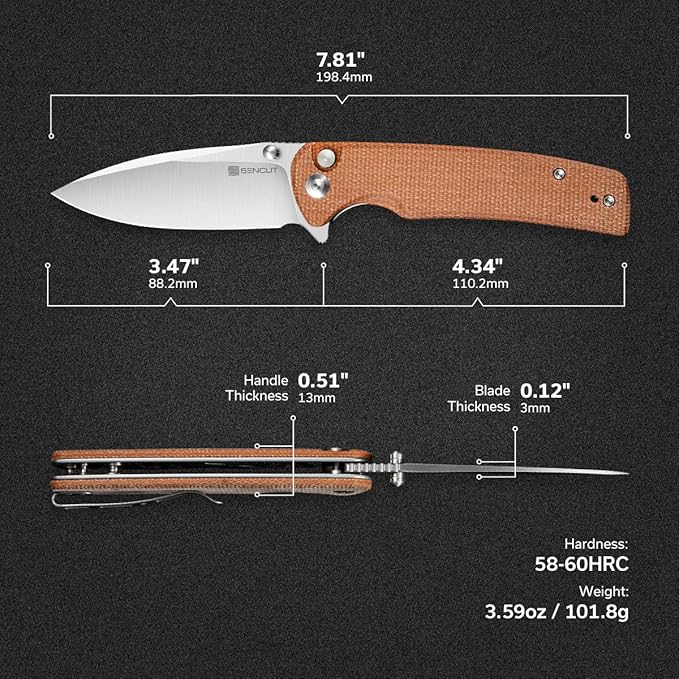 SENCUT Sachse Pocket Knife Folding Knife for EDC Brown Micarta Handle Satin 9Cr18MoV Blade Foldable Small Knife with Clip Button Lock Everyday Carry Knife for Men Women Indoor Outdoor Gift S21007-3