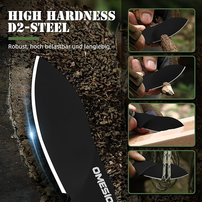 Omesio Neck Knife with Clip 5.9 Fixed Blade With Kydex Sheath and Necklance Nessmuk Blade Small Full Tang Tactical D2 Steel G10 Handle for EDC Outdoor Survival