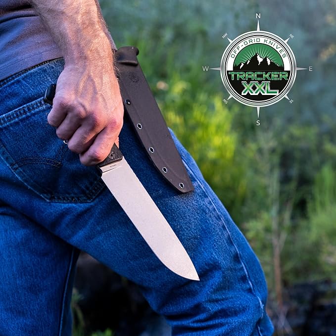 Off-Grid Knives - TRACKER-XXL Fixed Blade Knife Cryo D2 Blade Steel G10 Scales Kydex Sheath OG Lo-Pro Belt Attachment Chopping Camping Bushcraft Hunting Survival (Stonewash)