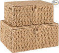 OIAHOMY Wicker Storage Basket with Lid &amp Lock Lidded Storage Bins Decorative Baskets for Organizing Set of 2-Natural