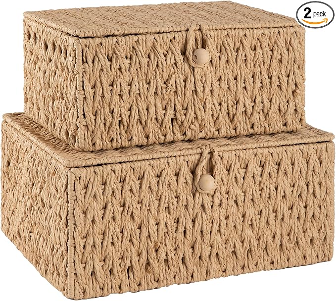 OIAHOMY Wicker Storage Basket with Lid &amp Lock Lidded Storage Bins Decorative Baskets for Organizing Set of 2-Natural