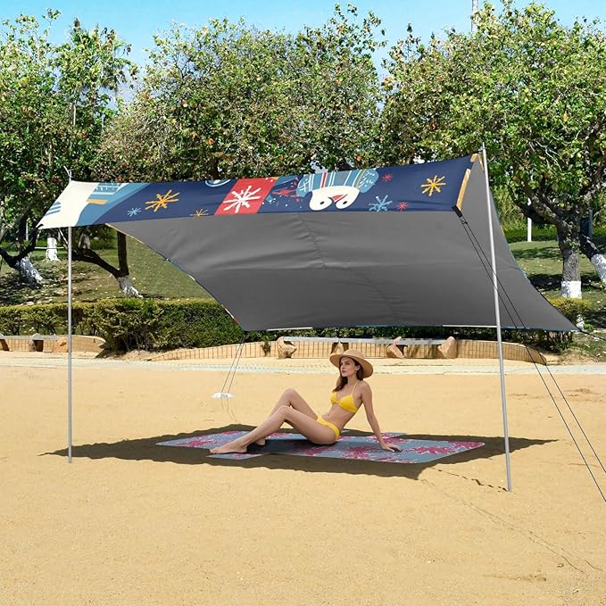 Christmas Penguin Foldable Beach Cabana UPF50+ Waterproof Large Sun Shelter with Sandbags and Shovel for Backyard and Camping
