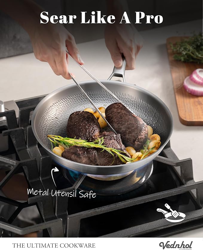 Titanium Pan 12 Inch Pure Titanium Hammered Pro frying pan with Lid Non-Toxic Skillet for Cooking PFAS/PFOA/PTFE Free Cookware Dishwasher&ampOven Safe Kitchen Induction Compatible