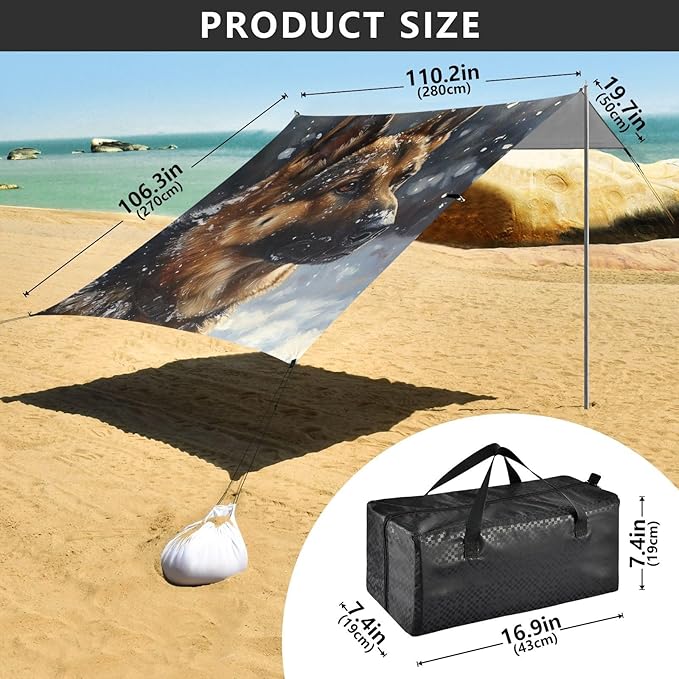 ALAZA German Shepherd Dog in Snow Beach Tent Sun Shelter Portable Canopy Sunshade for Outdoor Camping Picnics Backyard Fun 10x9 ft