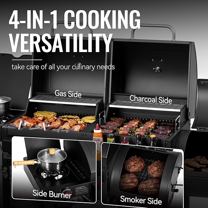 2-Burner Gas and Charcoal Grill Combo with Offset Smoker &amp Side Burner 34000 BTU Dual Fuel Grill 1020 Sq. In. Cooking Area Ideal for Outdoor Cooking Black ZH3005Y-SC