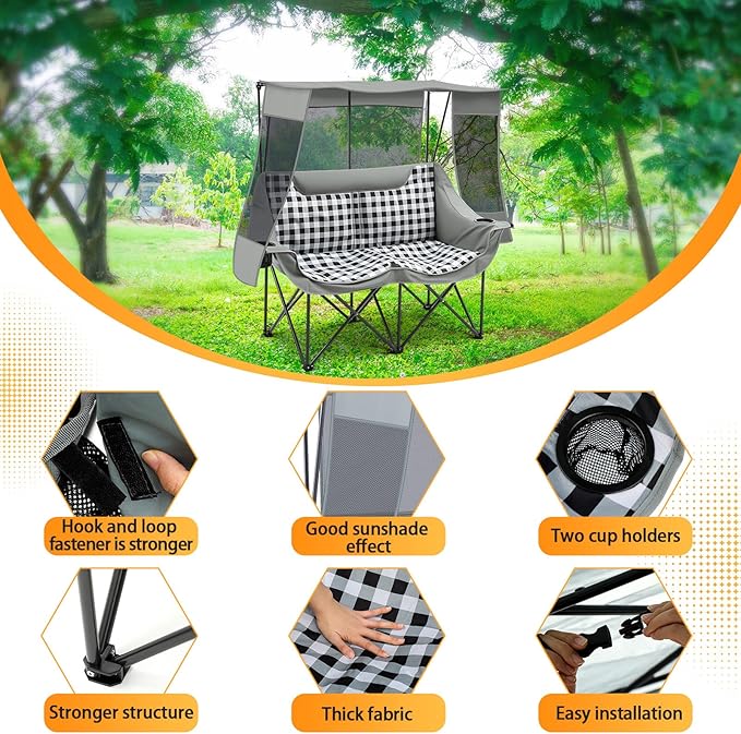 Teenyyou Double Camping Chair with Canopy Shade 660lbs Heavy Duty Beach Chair Portable Folding 2 Person Camping Loveseat with Cup Holder and Storage Bag for Lawn Beach Outdoor Sport(Grey Plaid)