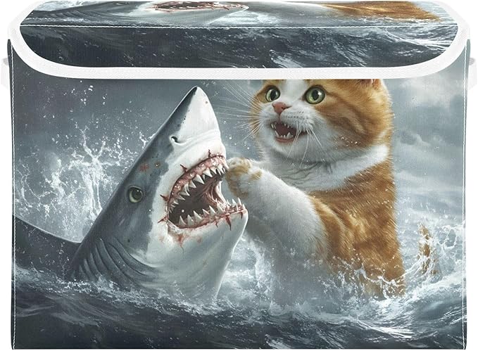Cat Fight Fish Storage Cube Bins Basket with Lid Collapsible Flip-top Fabric with Handle for Home Bedroom Closet Office 16.5×12.6×11.8 in
