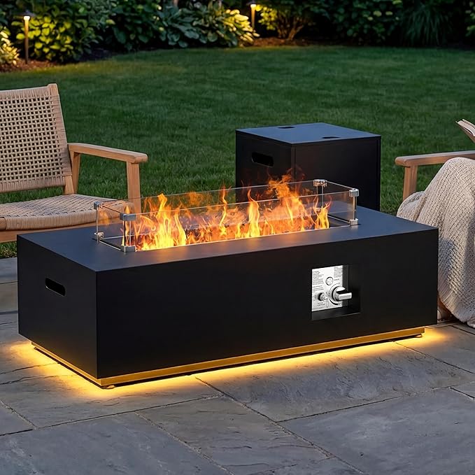 SUNPEAK 42 Propane Fire Pit Table with LED Light - 50000 BTU with Wind Guard Lid Rocks and Cover - Propane Fireplace Table - Gas Fire Pits for Patio and Deck (Black/Golden Light 42 LED)