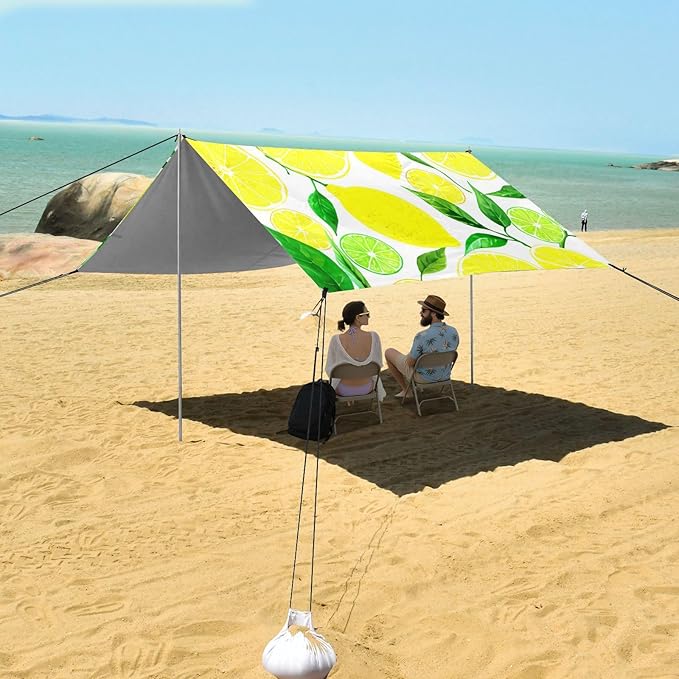 Beach Canopy with Windproof Ropes &amp Sandbags Beach Tent Sun Shade Sun Shelter for Camping Trips Fishing Backyard Fun or Picnics Lemon