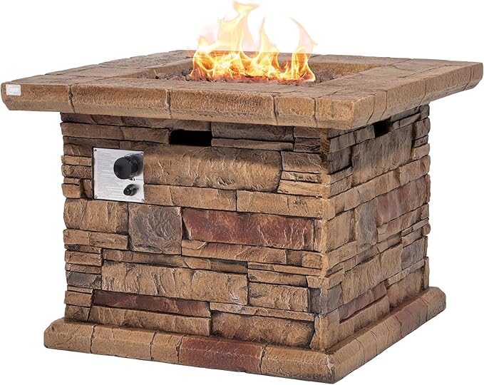 HOMPUS Outdoor Propane Fire Pit Table 32-inch Imitation Stone Square Concrete Propane Fire Pit with Lava Rocks and Rain Cover 50000 BTU Gas Smokeless Fire Pits for Outside PatioGarden CSA Certified