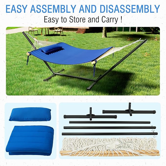 MUPATER 12FT Double Hammock with Stand Included 2 Person Hammock Outdoor Quilted Hammock with Stand Rope Hammock with Pad and Pillow hamacas para adultos Dark Blue