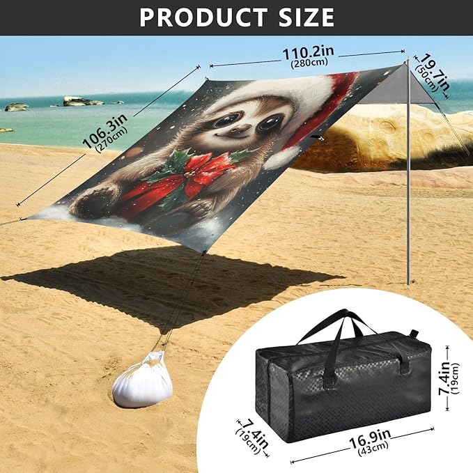 ALAZA Christmas Sloth Animal Series Santa Claus Hat Beach Tent Sun Shelter Portable Canopy Sunshade for Outdoor Camping Picnics Backyard Fun 10x9 ft
