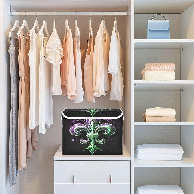 Christmas Storage Baskets with Lids Mardi Gras Collapsible Bins Stackable Fabric Linen Baskets Closet Organizer Container 16.5x12.6x11.8