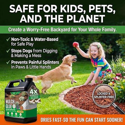 YKF Mulch Glue for Landscaping - 1 Gallon Permeable Gravel Binder &amp Rock Adhesive - Strong Hold for Pea Gravel Wood Chips Rubber Mulch &amp Sand - Pet Safe Fast Drying Stabilizer