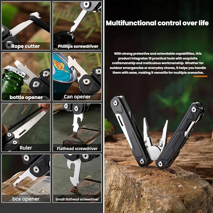 Multi Tool 19-in-1 Full-Size Lightweight EDC Multi-Purpose Pliers Camping Knives &amp Tools Nylon Bag Tactical Gear Mens Gifts Ideas Gifts for Hunters Men who have Everything (Black）