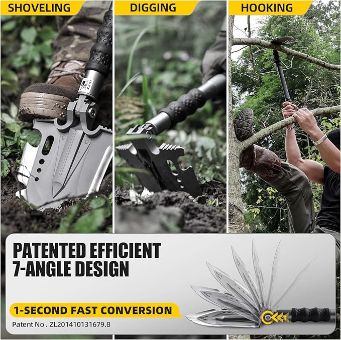 Zune Lotoo Survival Shovel Multitool 28 in 1 Luxury Kit Tactical Camping Folding Shovel Unbreakable Martensitic Steel Adjustable 7 Angles 24-35.4'' Length Compact Gear for Outdoor Hiking Emergency