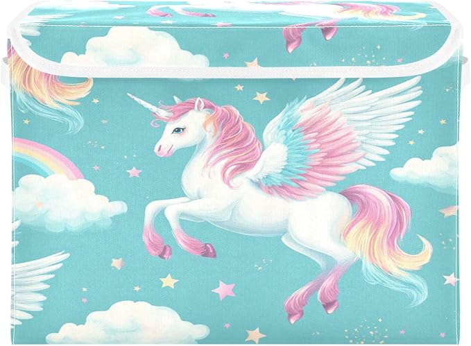 Cartoon Unicorns Rainbow Star Collapsible Storage Bins with Lids Decorative Fabric Cubes Closet Organizer Basket Boxes Containers for Clothes Box Chest Folding Rectangle