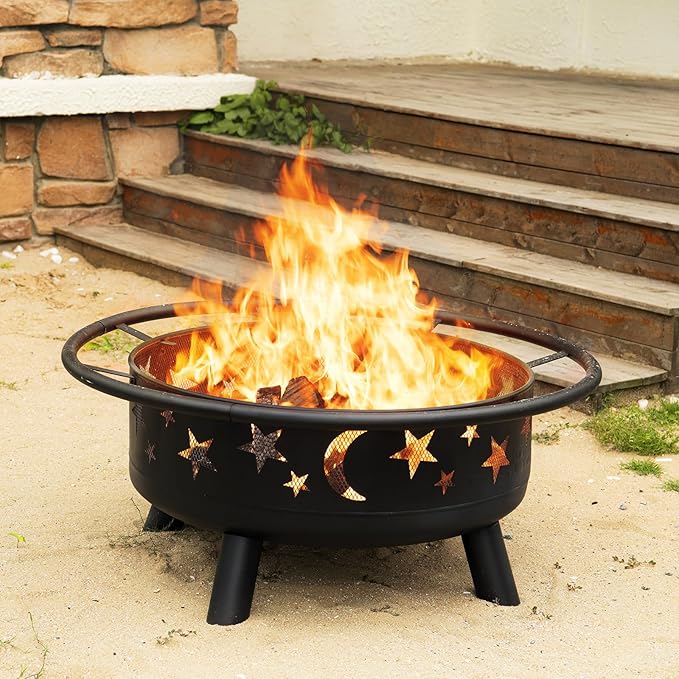 32 Inch Round Fire Pit with Mesh Cover Fire Poker Star and Moon Design Metal Wood Burning Outdoor Firepit for Patio Backyard Garden Bonfire PartyPerfect for Christmas Thanksgiving Halloween