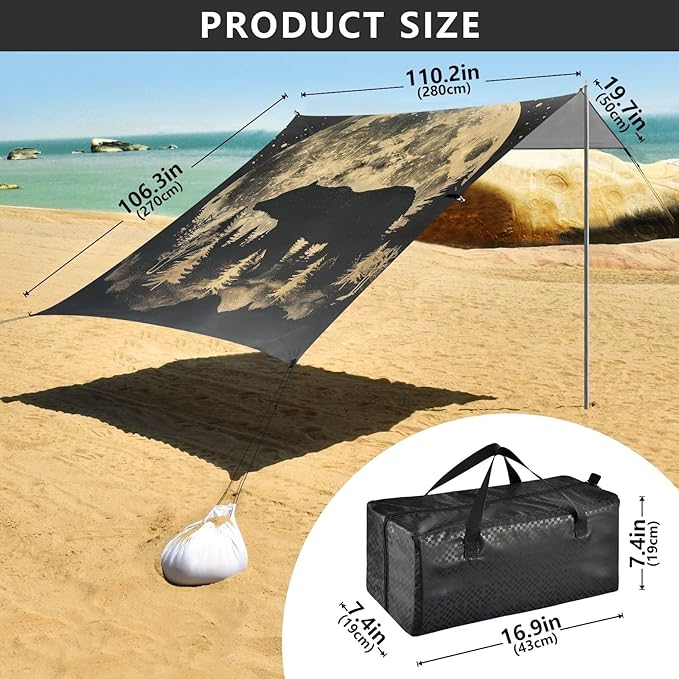 ALAZA Moon Bear in Forest on Black Beach Tent Sun Shelter Portable Canopy Sunshade for Outdoor Camping Picnics Backyard Fun 10x9 ft