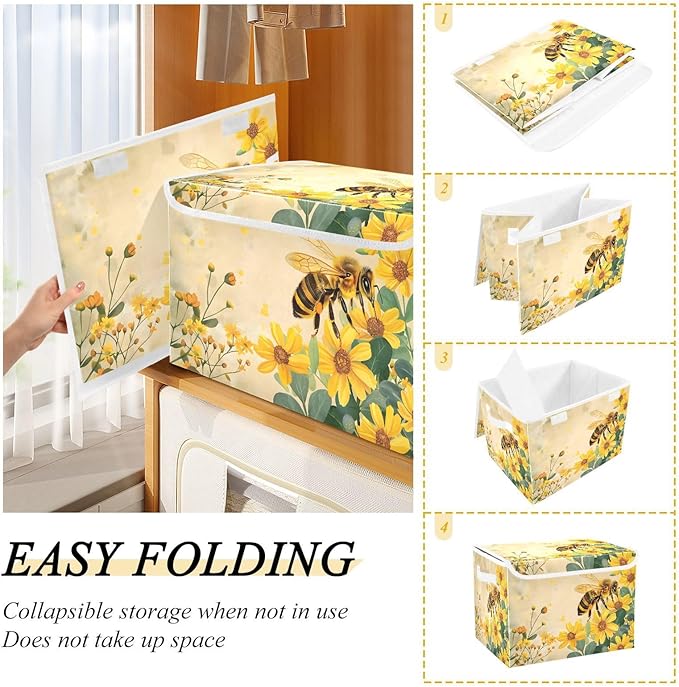MNSRUU Containers Baskets with Lids Honey Bee Foldable Storage Bins Organizer with Lid Collapsible Storage Boxes for Home Bedroom Closet Office