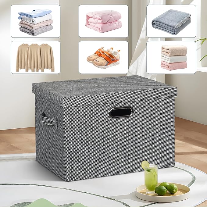 Graciadeco Large 17 36 Quart Collapsible Stackable Storage Bins with Lids 3 Packs Black and White Mix Linen Fabric Closet Boxes with Lids Storage Cube Baskets Container Organizers (17x12x11)