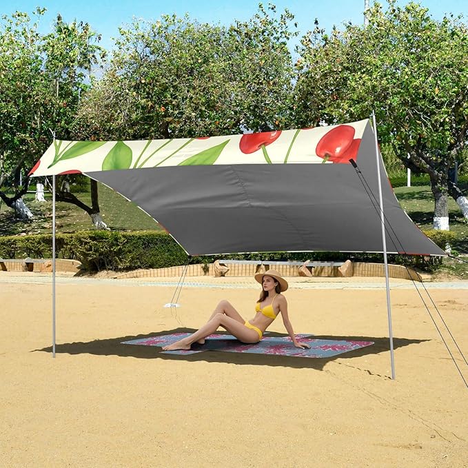xigua Cherry Beach Tent Sun Shelter with Carrying Bag - Silver Coated Oxford Fabric Beach Canopy for Beach Camping Fishing - Includes Windproof Ropes Sandbags &amp Stakes