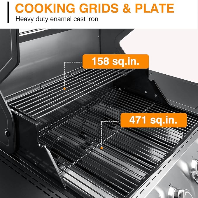 4 Led Burner Propane Gas Grill with Side Burner 60000 BTUs Output Stainless Steel Propane Grill for Outdoor Cooking and Patio Backyard Barbecue